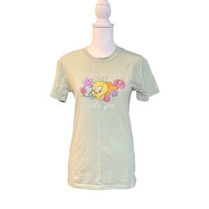 Looney Tunes Tweety Bird Floral Sage Green Graphic T Shirt Size Small